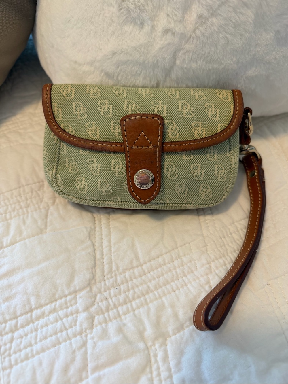 Dooney & Bourke Sage Signature Canvas Wristlet with Brown Leather Trim
